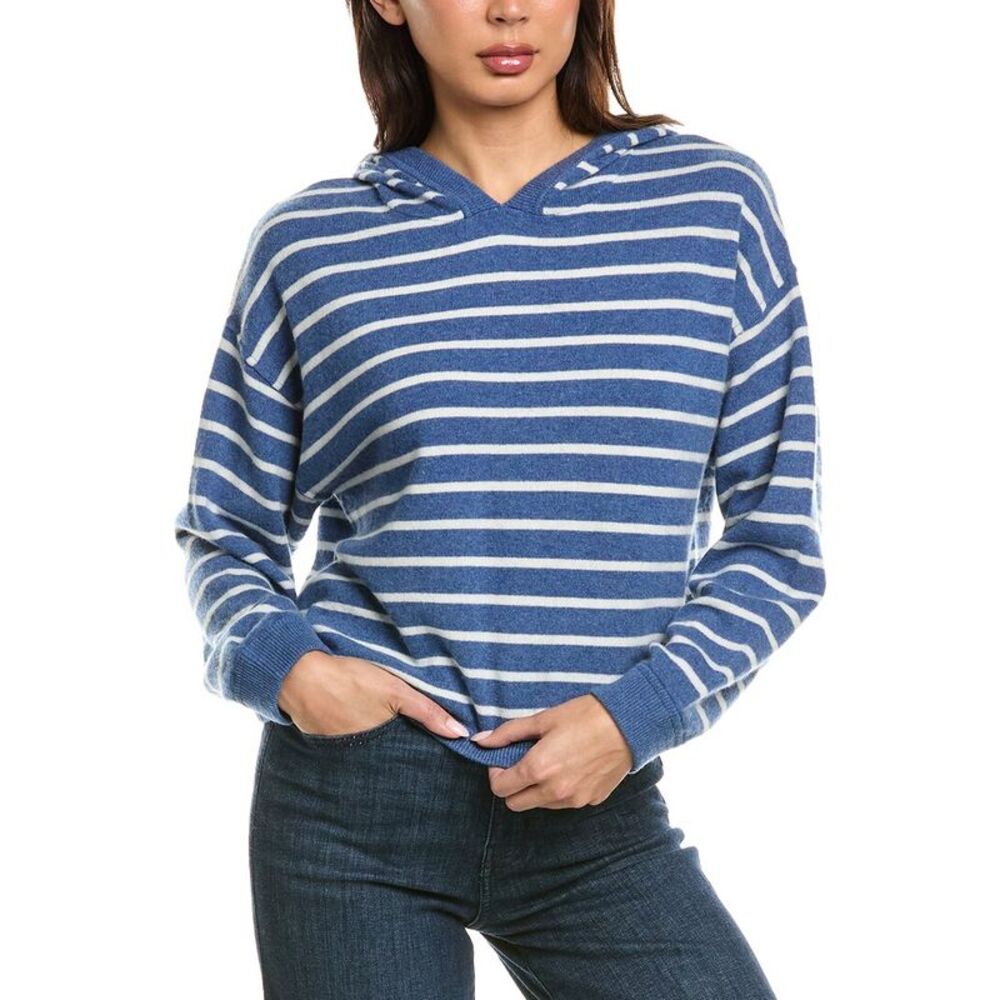 The Cashmere Project Womens  Striped 100% Cashmere Hoodie, Blue
